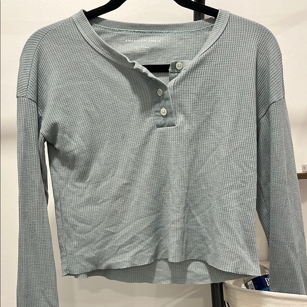 American Eagle Outfitters Women's Blue Waffle Knit Top